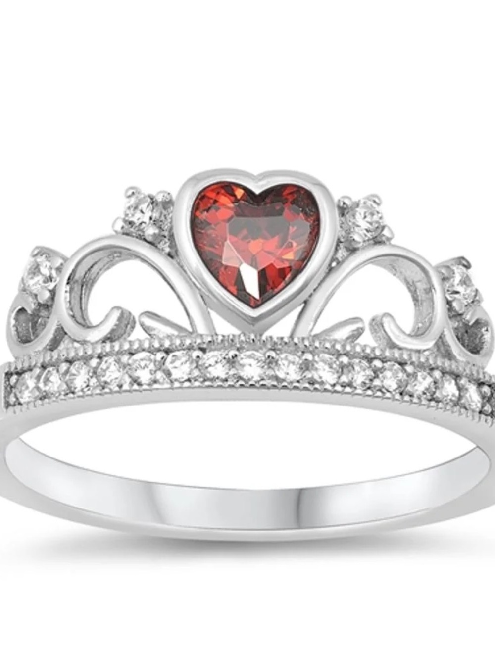 Source Unknown Silver Tiara Ring with Red Heart Stone